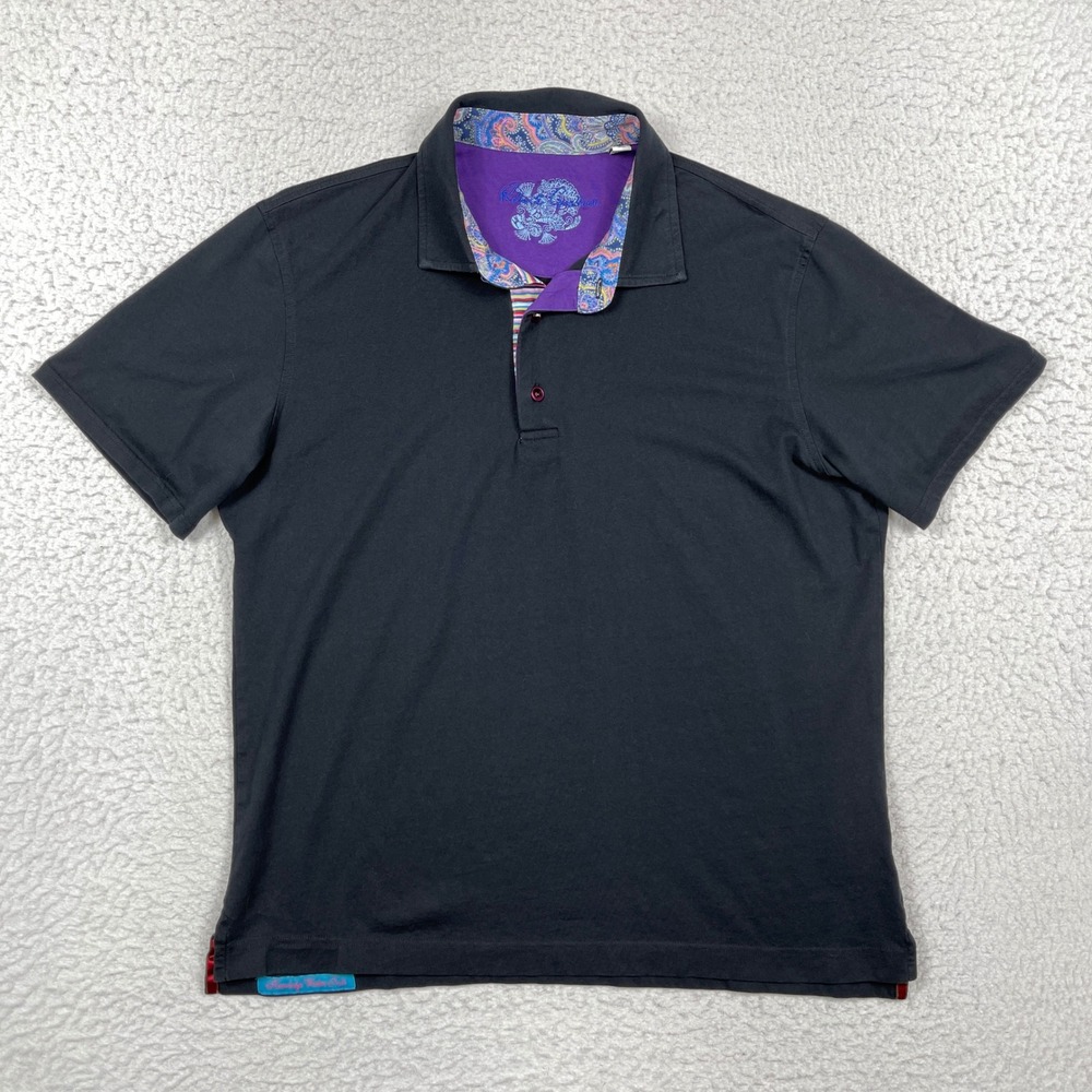 Robert Graham Polo Shirt Mens L Black Classic Paisley Trim Luxury Designer